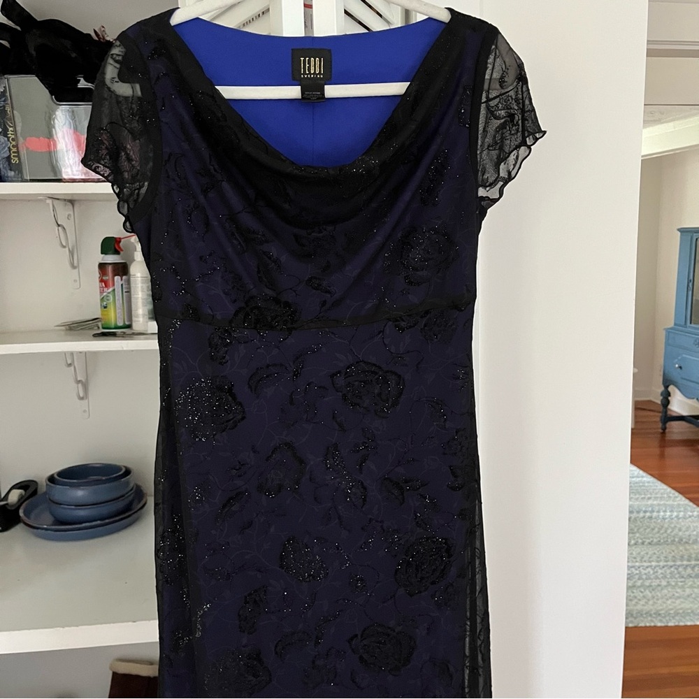 Teddi Evening Velvet Roses Layer on Purpleish Blue Lining Sz 10P Sparkle Maxi